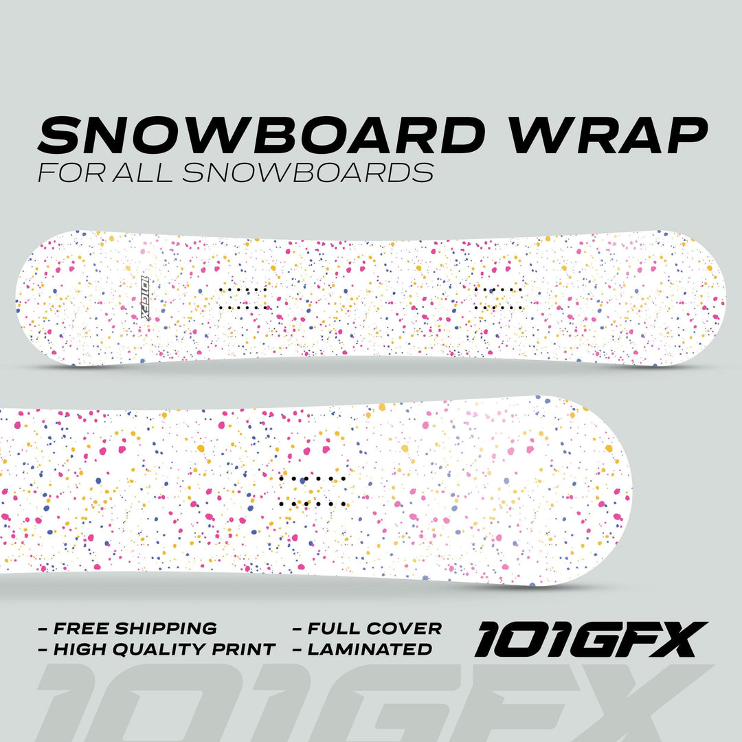 Snowboard Wrap SPLATS WHITE with colored dots, showcasing customization for all snowboards. Features include free shipping, high-quality print, full cover, and laminated finish.
