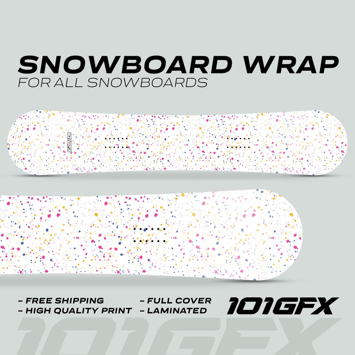 Snowboard Wrap SPLATS WHITE with colored dots, showcasing customization for all snowboards. Features include free shipping, high-quality print, full cover, and laminated finish.