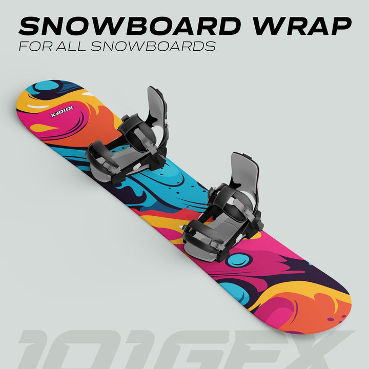 Snowboard Wrap STREET STORM: A vivid abstract swirl design snowboard skin with black bindings, enhancing aesthetics and protection for all snowboards.