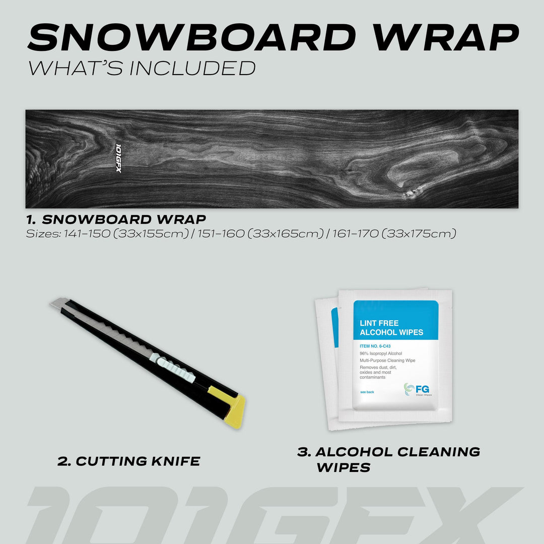 Snowboard Wrap WOOD PLANK GREY kit: roll of wrap in three sizes, utility knife, and alcohol wipes for board preparation and customization.