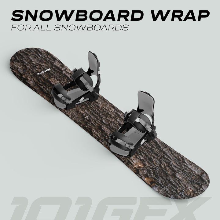 Snowboard Wrap WOOD PINE: 3D-rendered snowboard with bark texture wrap, black bindings, promoting customizable protective decals for enhanced style on any snowboard.