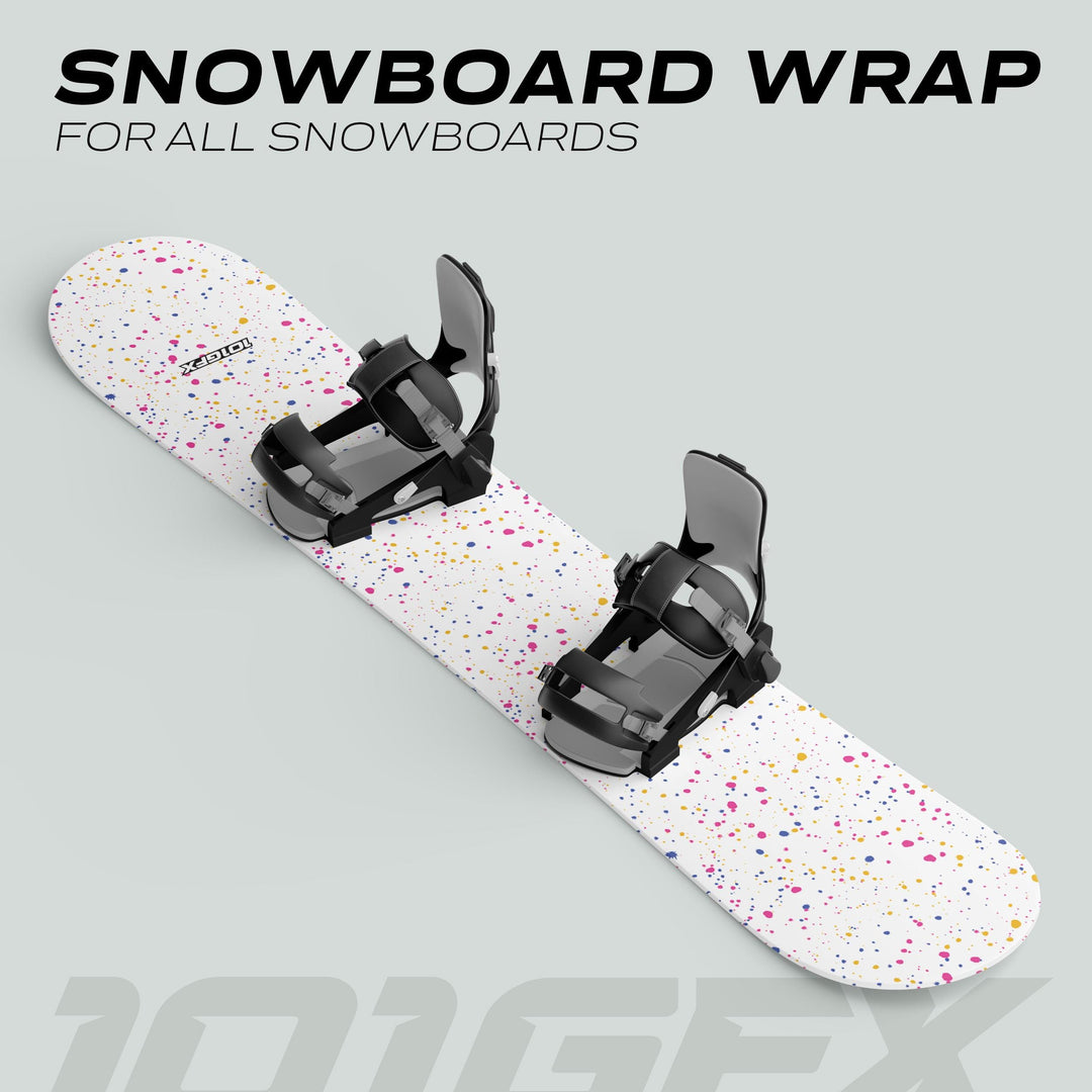 Snowboard Wrap SPLATS WHITE with black bindings, featuring a splatter-paint design. Customizable vinyl skin enhances snowboard aesthetics and protection.