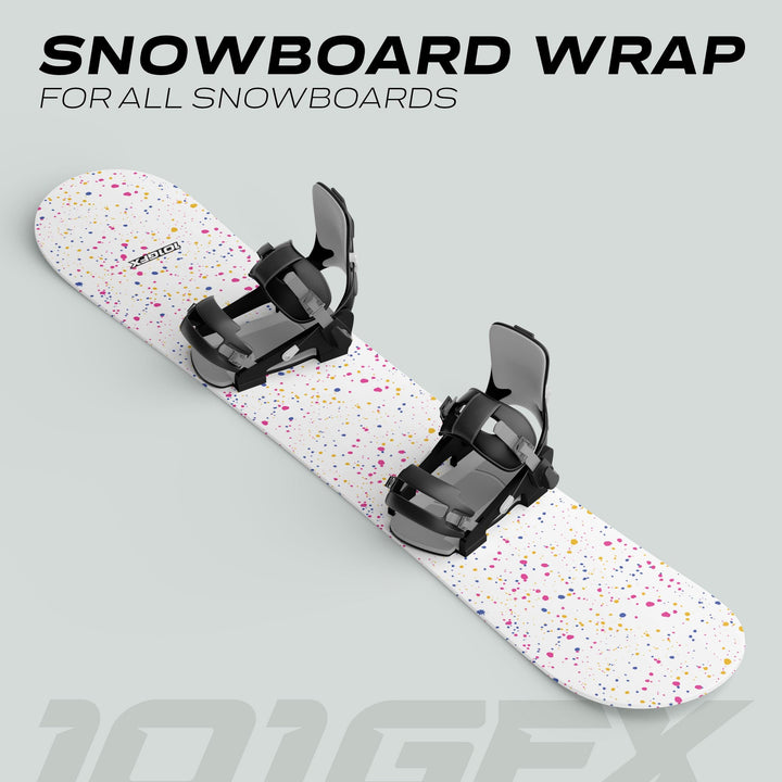 Snowboard Wrap SPLATS WHITE with black bindings, featuring a splatter-paint design. Customizable vinyl skin enhances snowboard aesthetics and protection.