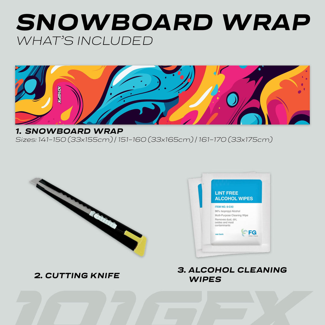 Snowboard Wrap STREET STORM kit includes a full-coverage wrap, cutting knife, and cleaning wipes, designed for vibrant, durable snowboard customization.