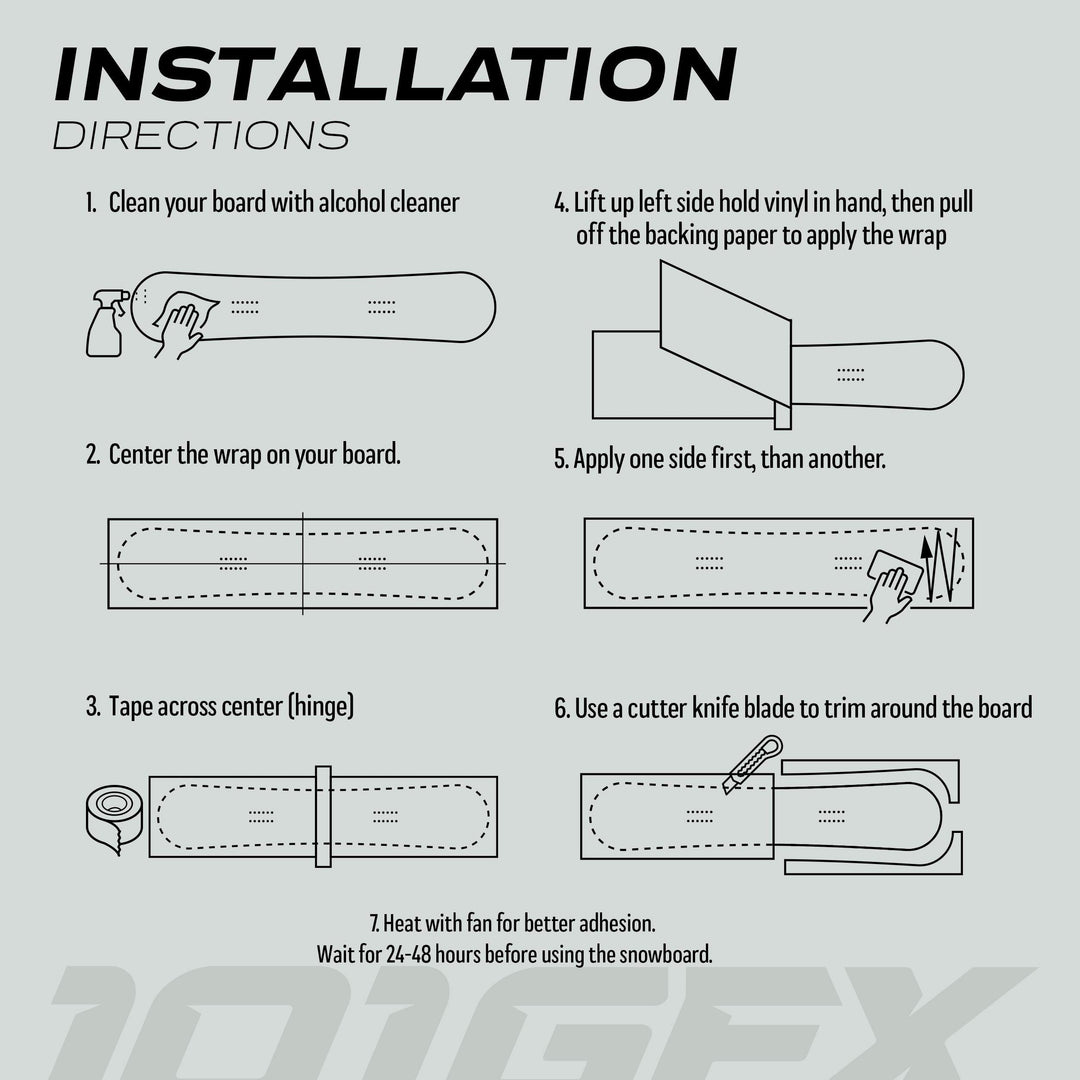 Diagram showing step-by-step application of Snowboard Wrap STREET STORM, detailing cleaning, centering, taping, peeling, smoothing, trimming, and heating for optimal snowboard decal installation.