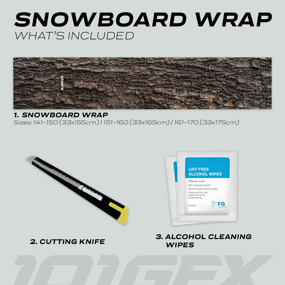 Snowboard Wrap WOOD PINE kit includes a wood-bark textured vinyl wrap, utility knife, and cleaning wipes for easy customization and protection.