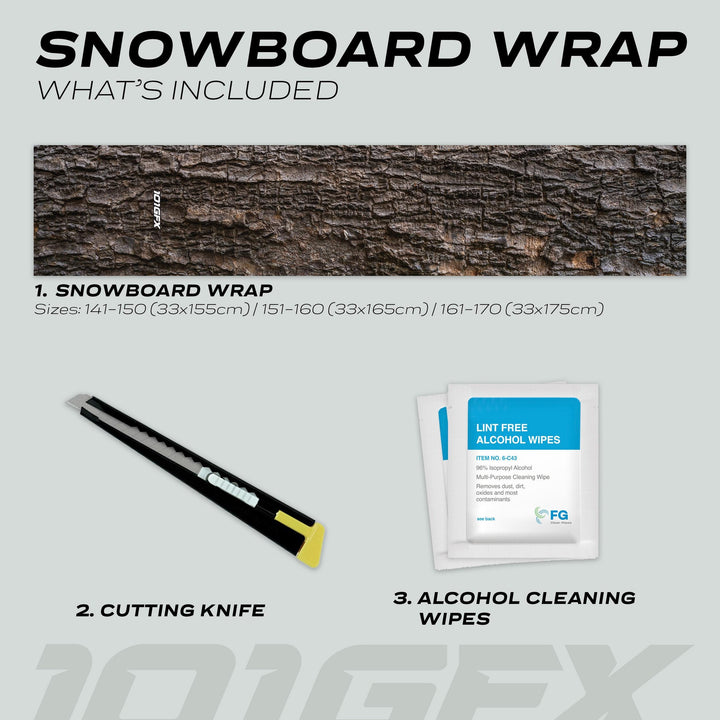 Snowboard Wrap WOOD PINE kit includes a wood-bark textured vinyl wrap, utility knife, and cleaning wipes for easy customization and protection.