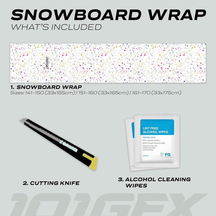 Snowboard Wrap SPLATS WHITE kit includes a paint-splatter wrap in three sizes, a trimming knife, and cleaning wipes for easy, custom snowboard decoration.