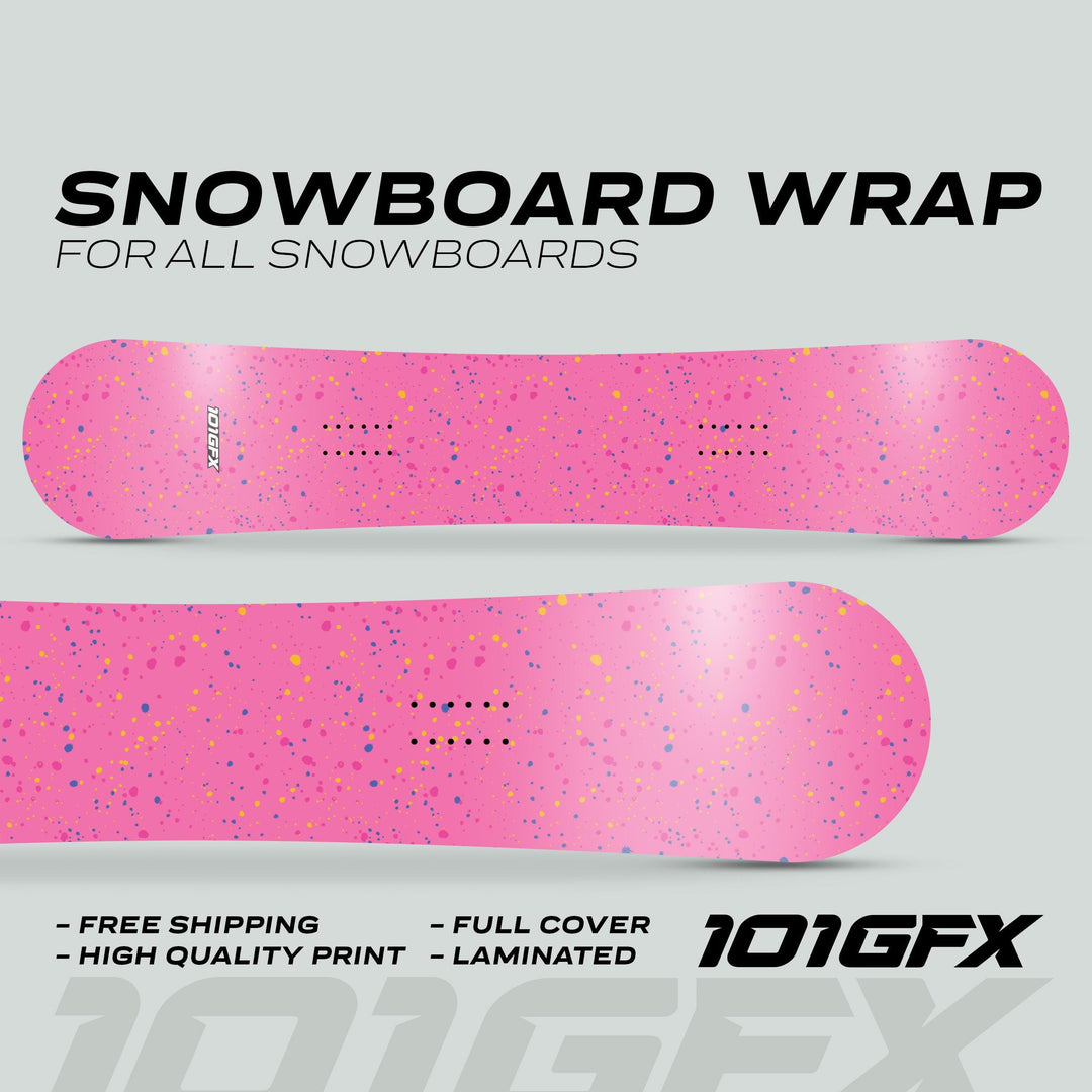 Snowboard Wrap SPLATS PINK: Two boards in vibrant pink with colorful dots, showcasing high-quality, full-cover wraps with free shipping and laminated protection by 101GFX.