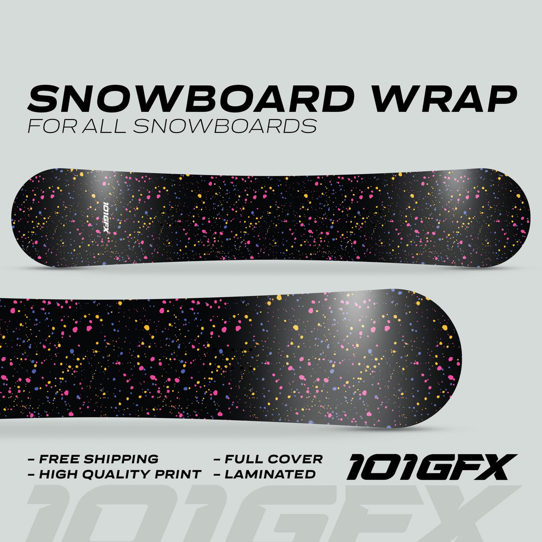 Snowboard Wrap SPLATS BLACK on two boards with paint-splatter design; features: custom design, durability, easy application, protective. Highlight: headline and selling points.