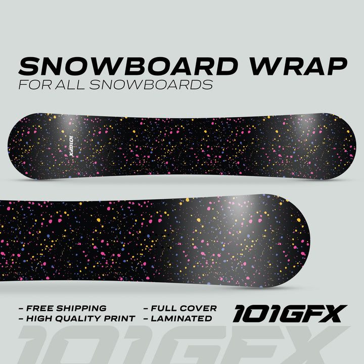 Snowboard Wrap SPLATS BLACK on two boards with paint-splatter design; features: custom design, durability, easy application, protective. Highlight: headline and selling points.