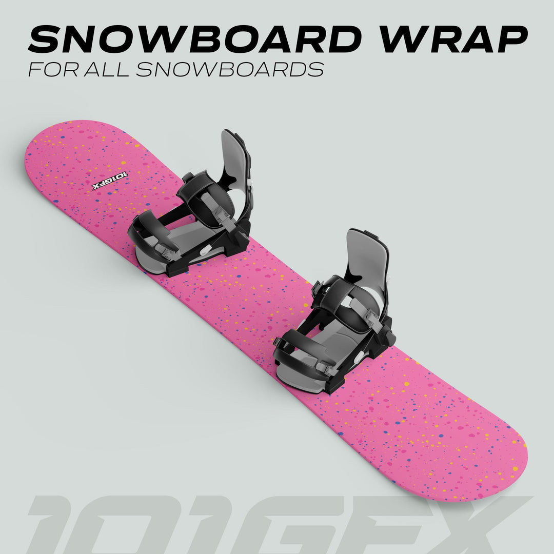 Snowboard Wrap SPLATS PINK with pink speckled design, black-and-grey bindings, durable, easy-fit, enhances style and protection, ideal for all snowboard shapes and sizes.