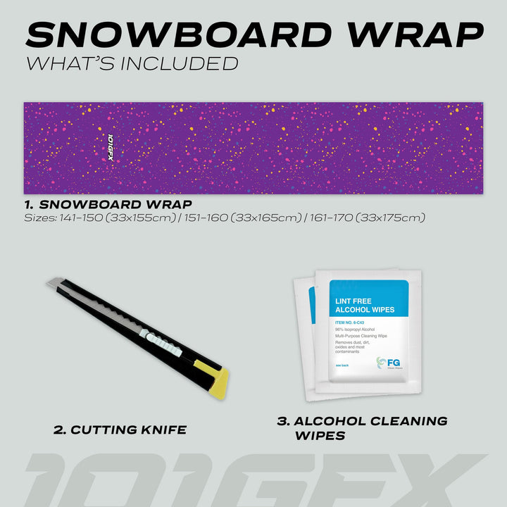 Snowboard Wrap SPLATS PURPLE kit includes vibrant wrap, utility knife, and cleaning wipes, enhancing style and protection for snowboards.