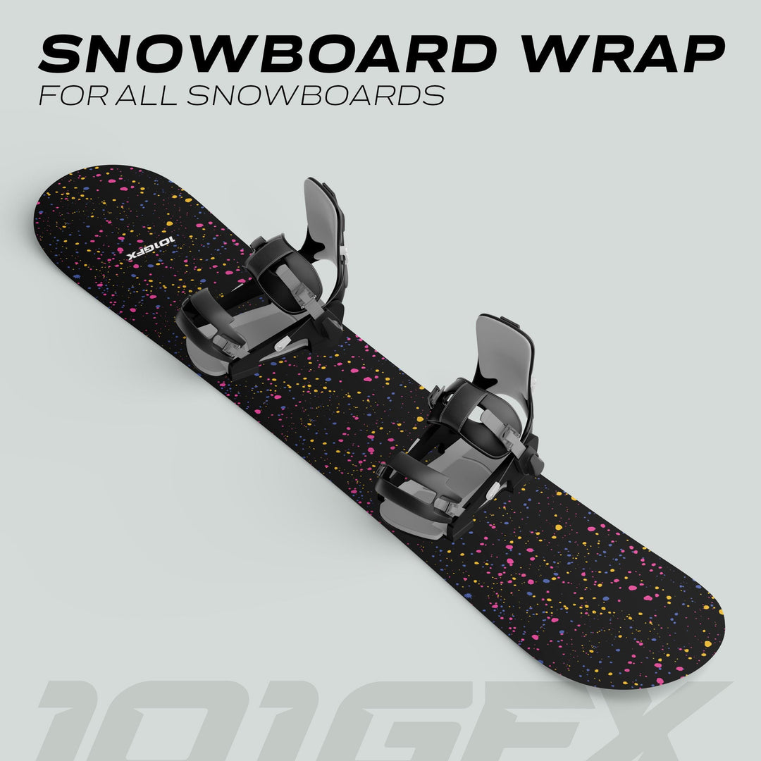 Snowboard Wrap SPLATS BLACK: Black wrap with vibrant splattered paint design and bindings, offering style, durability, and protection for all snowboards.