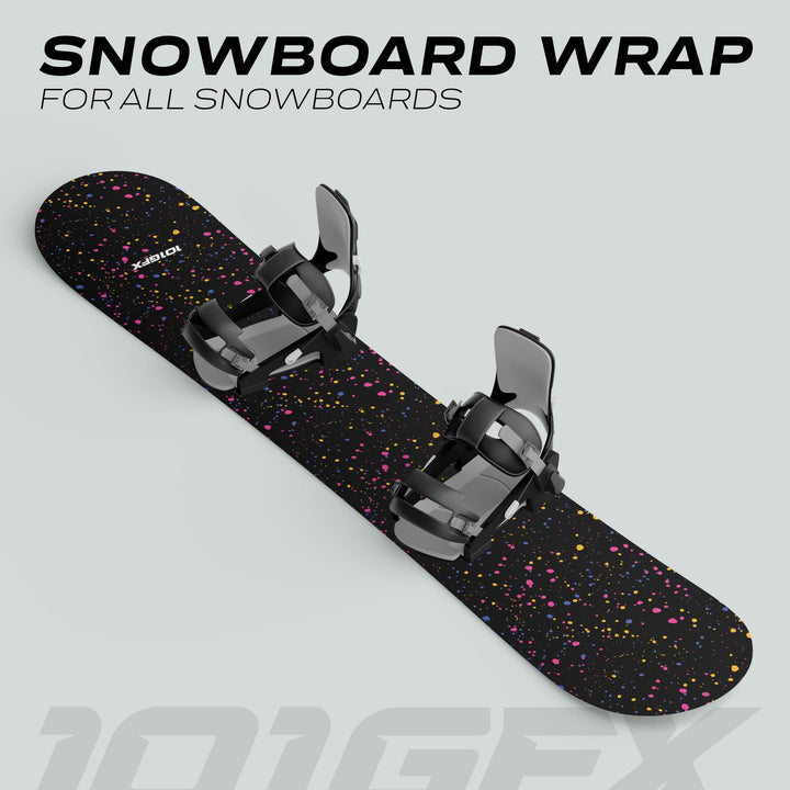 Snowboard Wrap SPLATS BLACK: Black wrap with vibrant splattered paint design and bindings, offering style, durability, and protection for all snowboards.