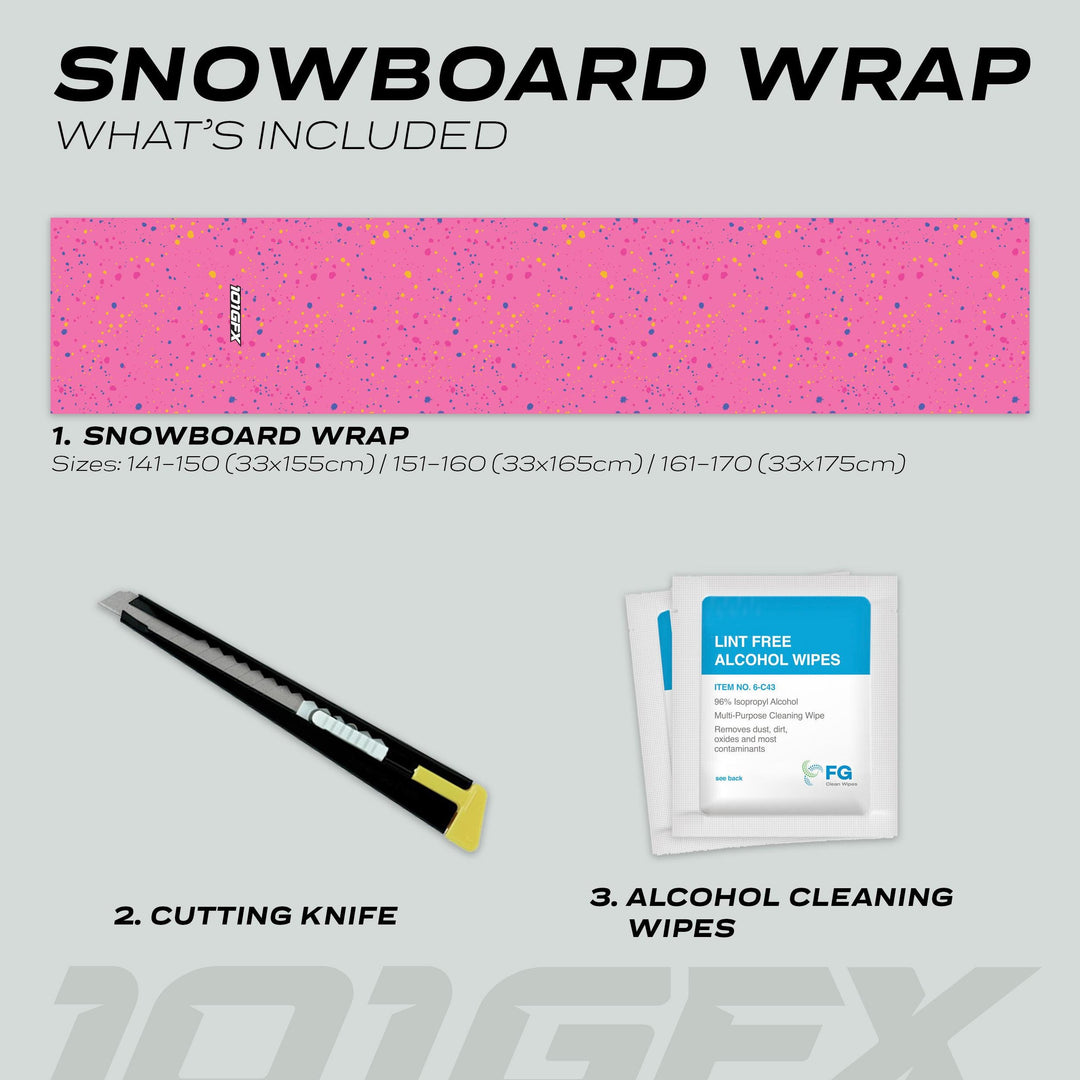 Snowboard Wrap SPLATS PINK kit showing vinyl decal, cutting knife, and wipes for custom style and protection on various snowboard sizes.