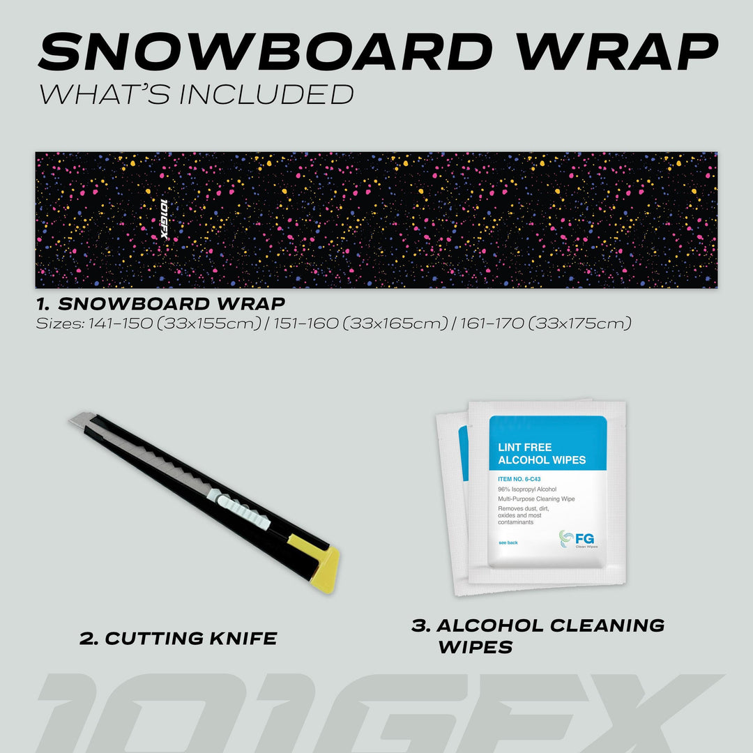 Snowboard Wrap SPLATS BLACK kit: multicolored paint-splatter wrap, retractable cutting knife, and cleaning wipes, offering style and protection for snowboards.
