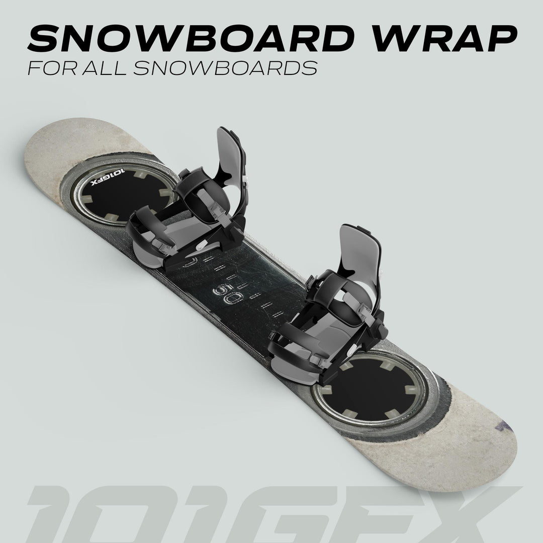 Snowboard with Snowboard Wrap MC Cassette skin decals and circular adapter plates, featuring universal binding mounts, showcasing durability and style for personalized snowboarding.