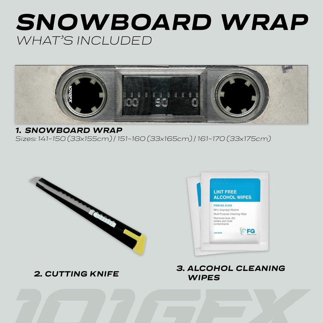 Snowboard Wrap MC Cassette kit includes a wrap for sizes 141–170 cm, utility knife, and alcohol wipes for easy, durable board personalization and protection.