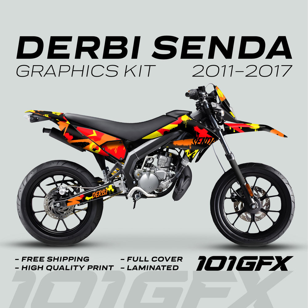 Derbi Senda Graphics Kit X-Treme 2011-2017 SPLASH RED ORANGE on bike, showcasing vibrant splatter decals, promoting durability and easy installation.