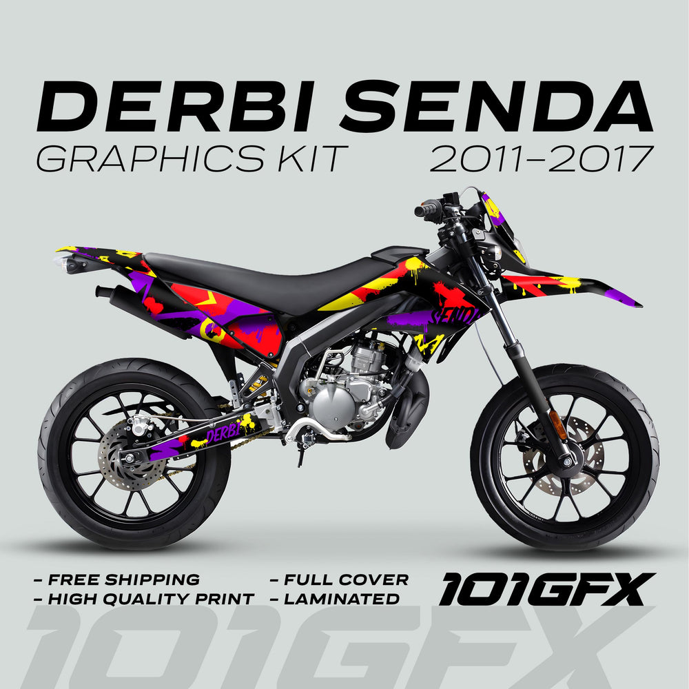 Derbi Senda Graphics Kit X-Treme 2011-2017 SPLASH PURPLE RED on supermoto, highlighting bold paint-splatter livery with “Free Shipping” and “High Quality Print” features.