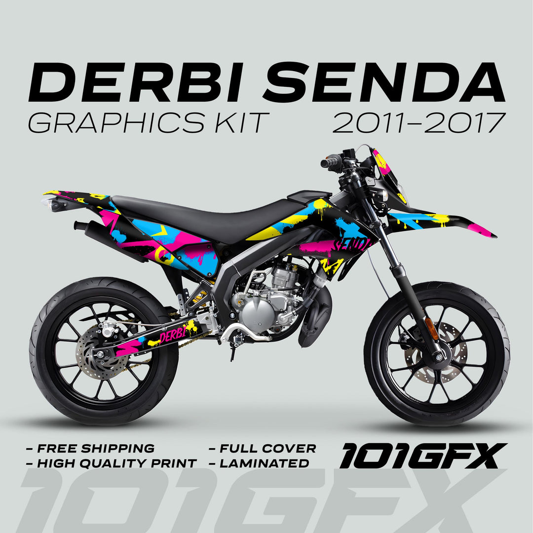 Derbi Senda Graphics Kit X-Treme 2011-2017 SPLASH MAGENTA CYAN: Side-view of bike with vibrant decal. Features free shipping, high-quality print, full cover, laminated.