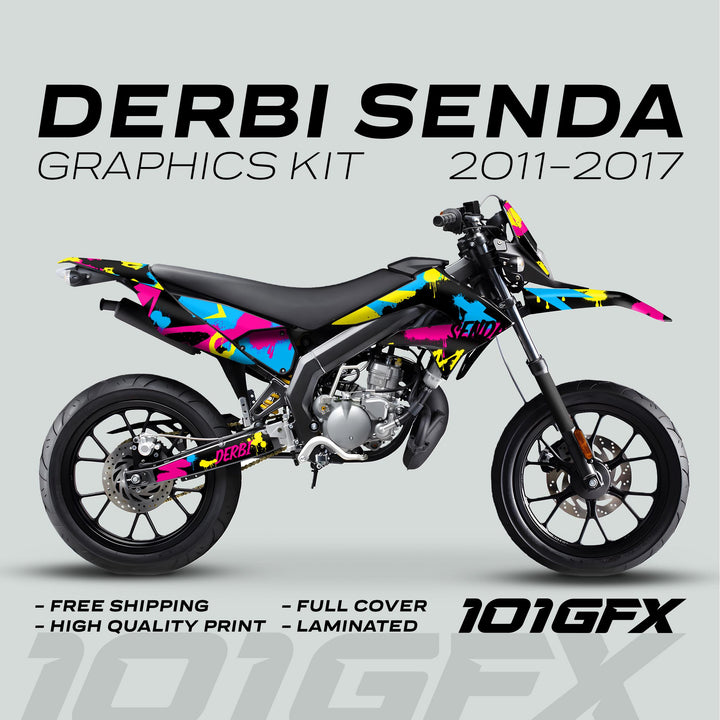 Derbi Senda Graphics Kit X-Treme 2011-2017 SPLASH MAGENTA CYAN: Side-view of bike with vibrant decal. Features free shipping, high-quality print, full cover, laminated.