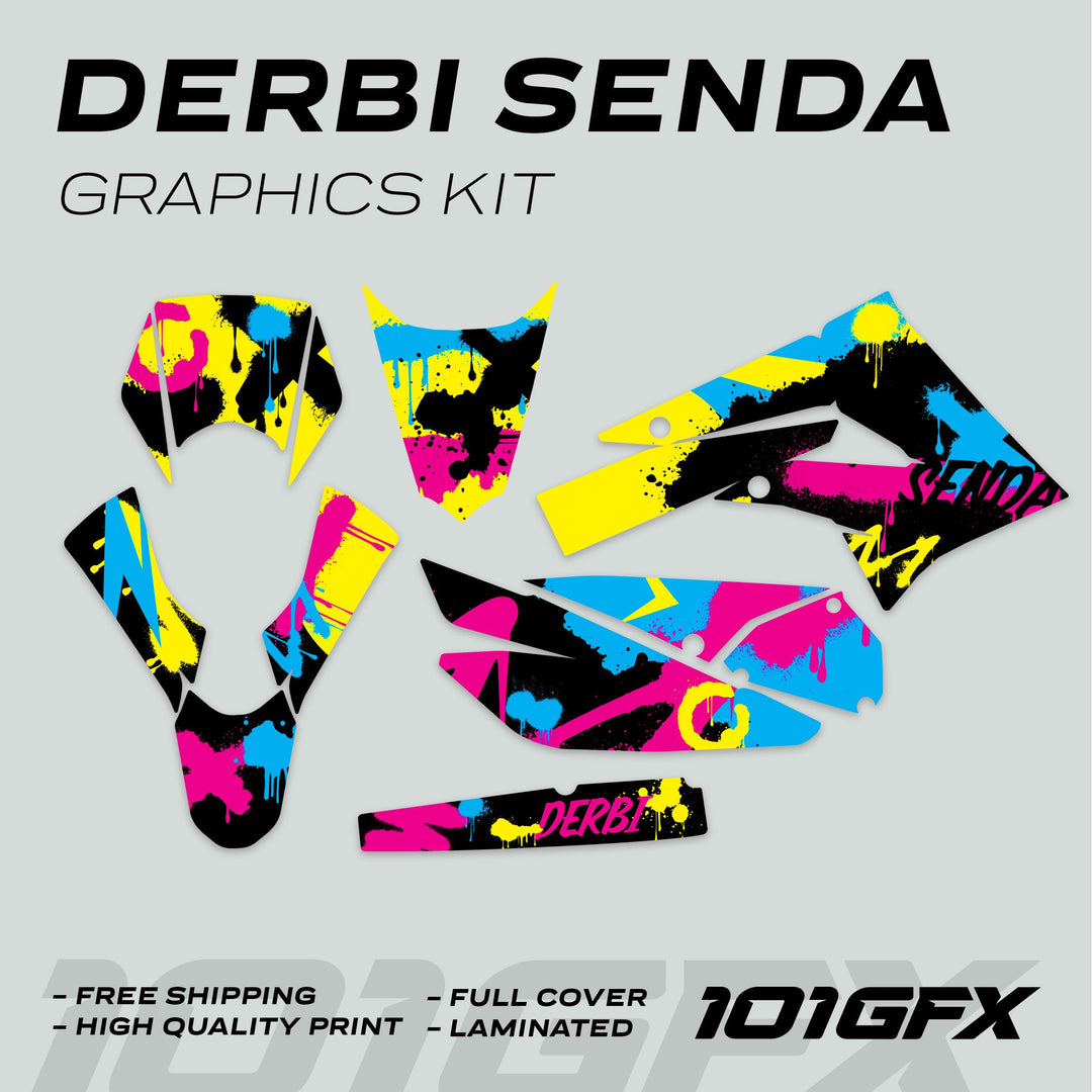 Derbi Senda Graphics Kit X-Treme 2011-2017 SPLASH MAGENTA CYAN, showcasing vibrant, precision-cut vinyl decals with key features: free shipping, high-quality print, full cover, laminated.