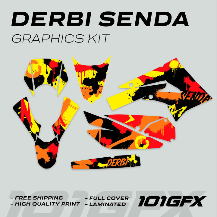 Derbi Senda Graphics Kit X-Treme 2011-2017 SPLASH RED ORANGE decals, showcasing vibrant paint splatter design, includes full coverage, high-quality print, laminated finish, and easy installation.