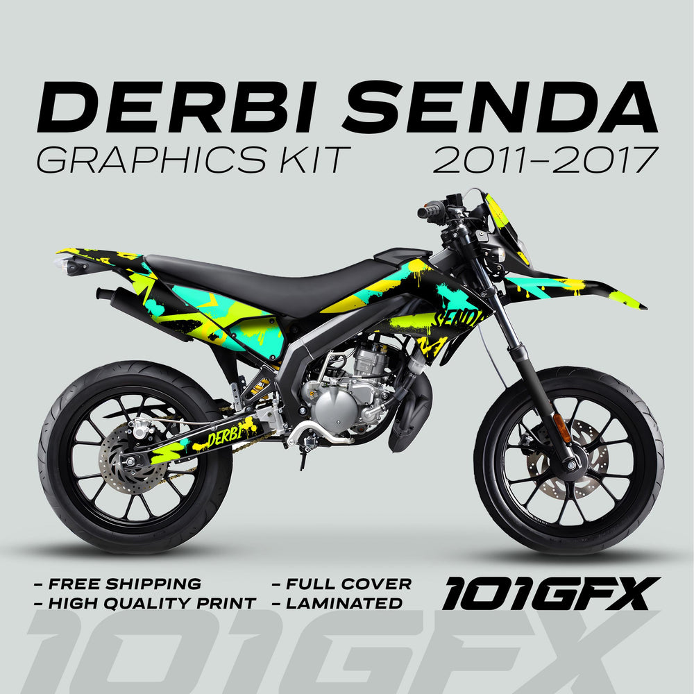 Side view of Derbi Senda motorcycle with neon yellow, turquoise, and black graphics kit, highlighting Free Shipping, High Quality Print, Full Cover, and Laminated.