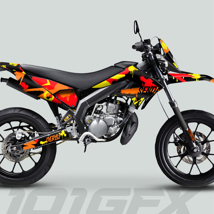 Derbi Senda motorcycle with Graphics Kit X-Treme 2011-2017 SPLASH RED ORANGE, featuring vibrant graffiti-style designs and a two-stroke engine, shown in profile.