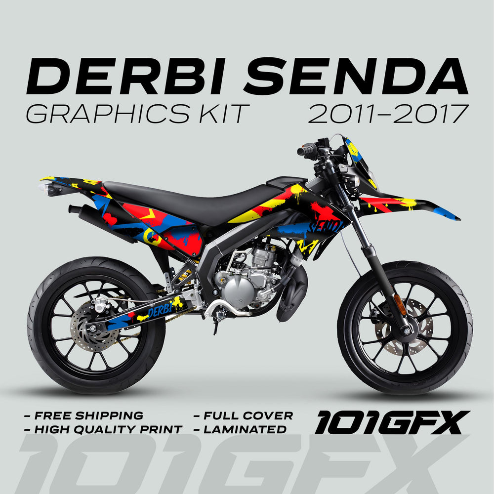 Derbi Senda Graphics Kit X-Treme 2011-2017 SPLASH BLUE RED on bike, showcasing vibrant wrap design and highlighting features like durability, full cover, and laminated finish.