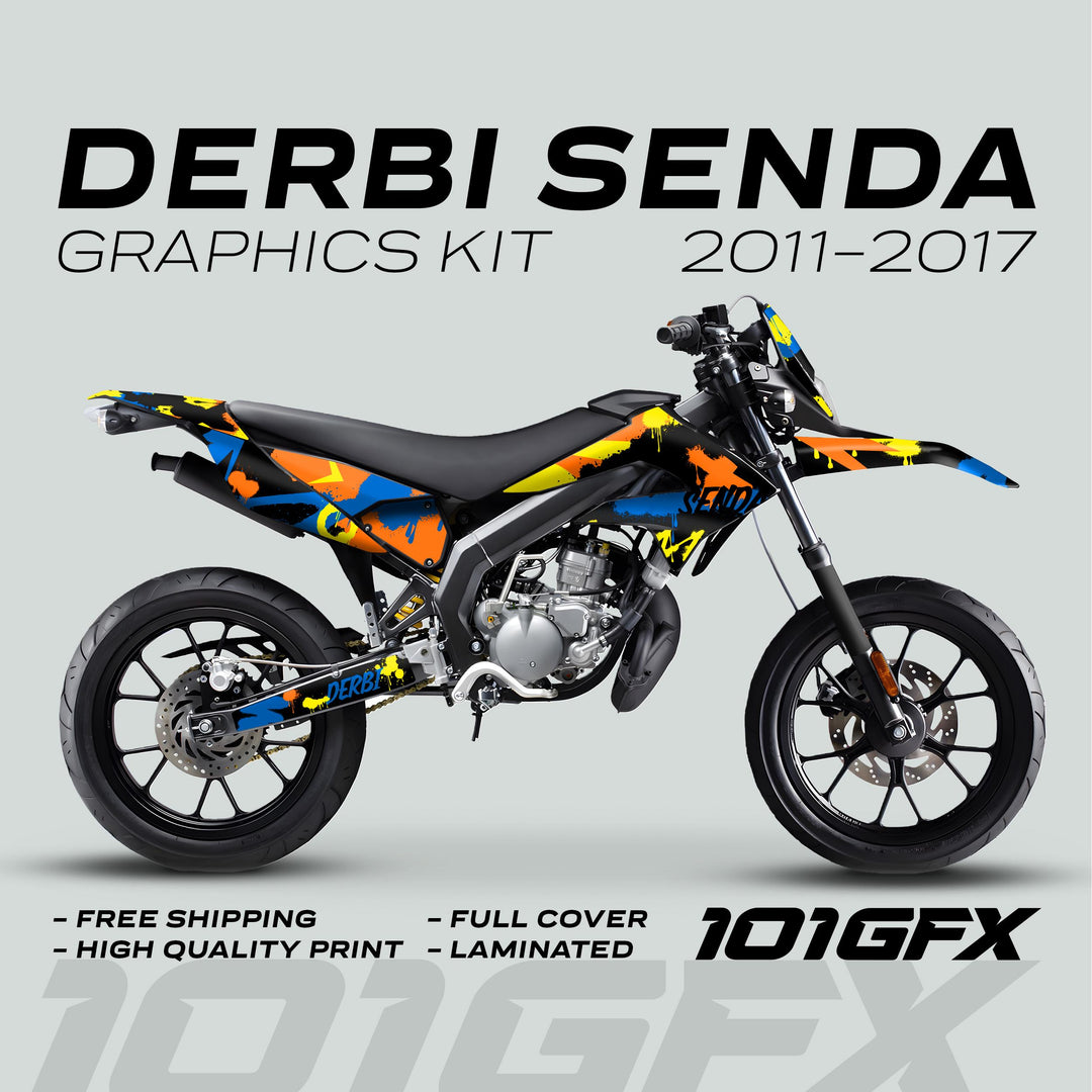Derbi Senda Graphics Kit X-Treme 2011-2017 SPLASH BLUE ORANGE features vibrant decals on a supermoto-style motorcycle, highlighting key benefits like high-quality print and full coverage.