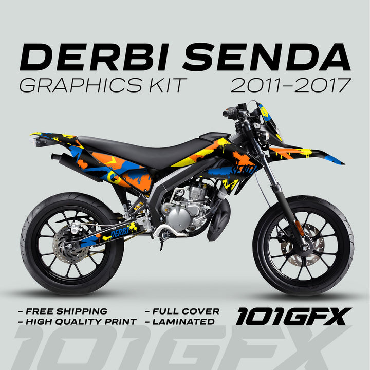 Derbi Senda Graphics Kit X-Treme 2011-2017 SPLASH BLUE ORANGE features vibrant decals on a supermoto-style motorcycle, highlighting key benefits like high-quality print and full coverage.