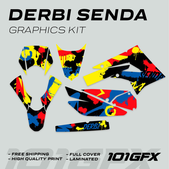 Derbi Senda Graphics Kit X-Treme 2011-2017 SPLASH BLUE RED mock-up displays decal pieces with splatter-paint design, highlighting features like free shipping, high quality, full cover, laminated.