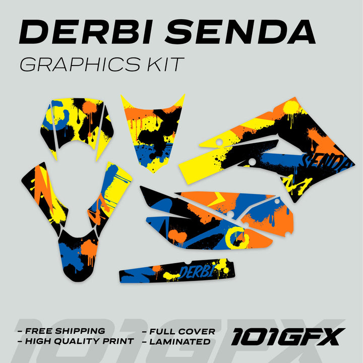 Derbi Senda Graphics Kit X-Treme 2011-2017 with splash-style decals, featuring tank shrouds and fenders, highlighted by free shipping and high-quality print benefits.