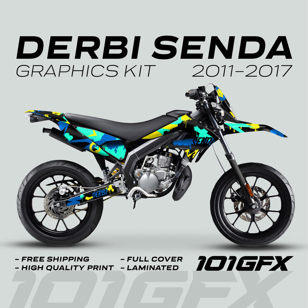 Derbi Senda Graphics Kit X-Treme 2011-2017 SPLASH BLUE MINT, featuring graffiti-style wrap, enhances bike aesthetics with durable, laminated decals, offering easy installation and full coverage.