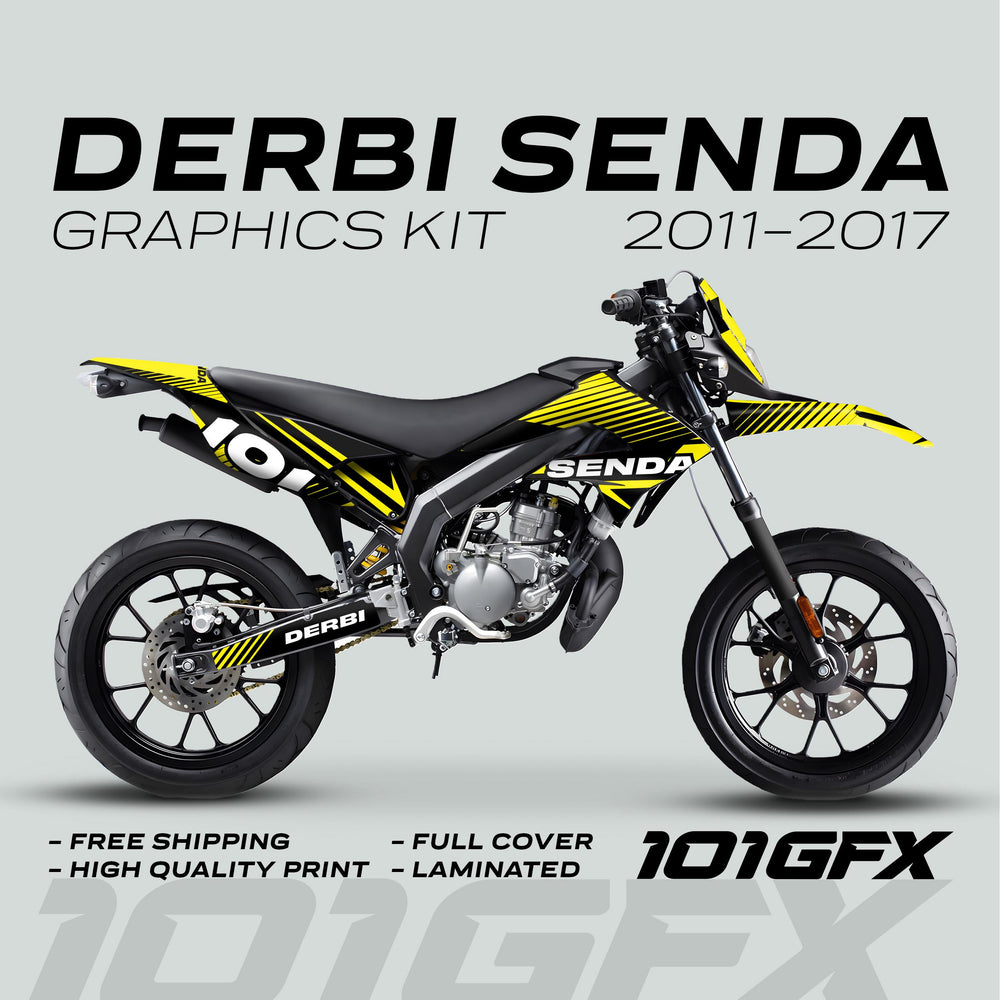Derbi Senda Graphics Kit X-Treme 2011-2017 in black and yellow with FREE SHIPPING, HIGH QUALITY PRINT, FULL COVER, and LAMINATED features.