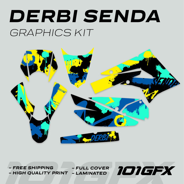 Derbi Senda Graphics Kit X-Treme 2011-2017 SPLASH BLUE MINT, featuring splatter-paint decals, includes fender, side-panels, and number-plates, highlighting durability and easy application.