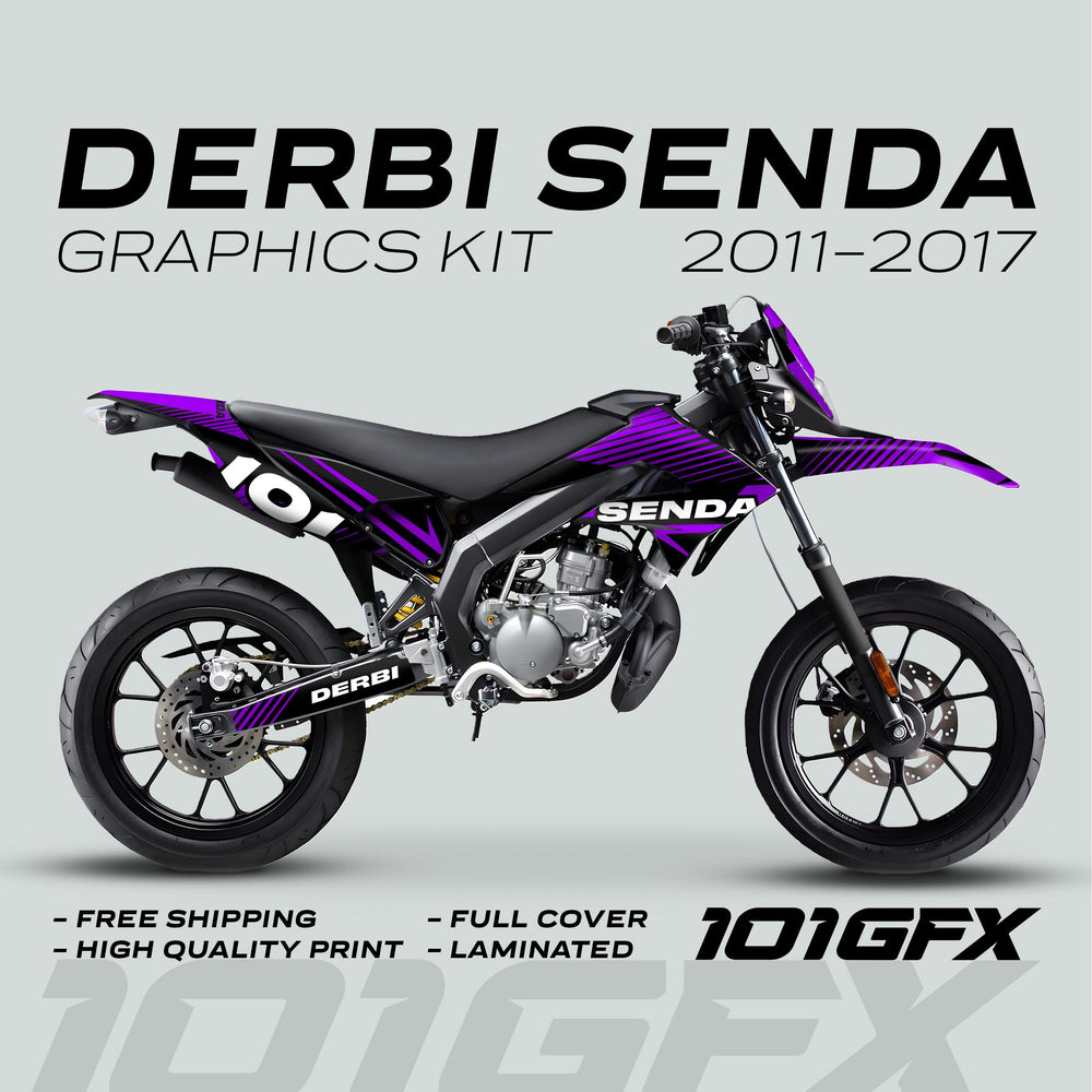 Derbi Senda Graphics Kit X-Treme 2011-2017 LINE SPACE Black Purple, showcasing a supermoto with purple-black decals, highlighting durability, vibrant design, and easy installation.