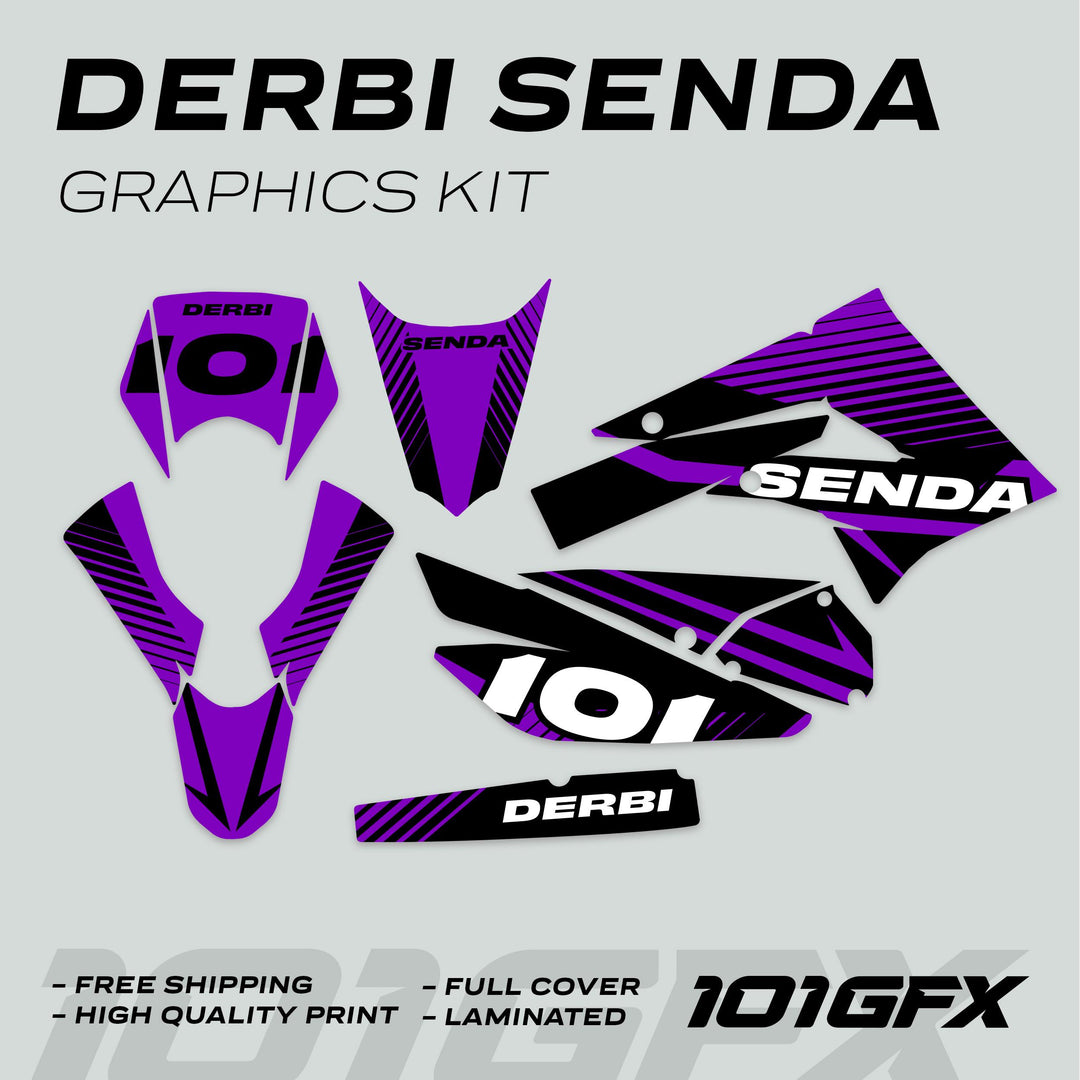 Derbi Senda Graphics Kit X-Treme 2011-2017, featuring purple-and-black vinyl decals, includes fender, side panels, and more; offers free shipping and high quality print.