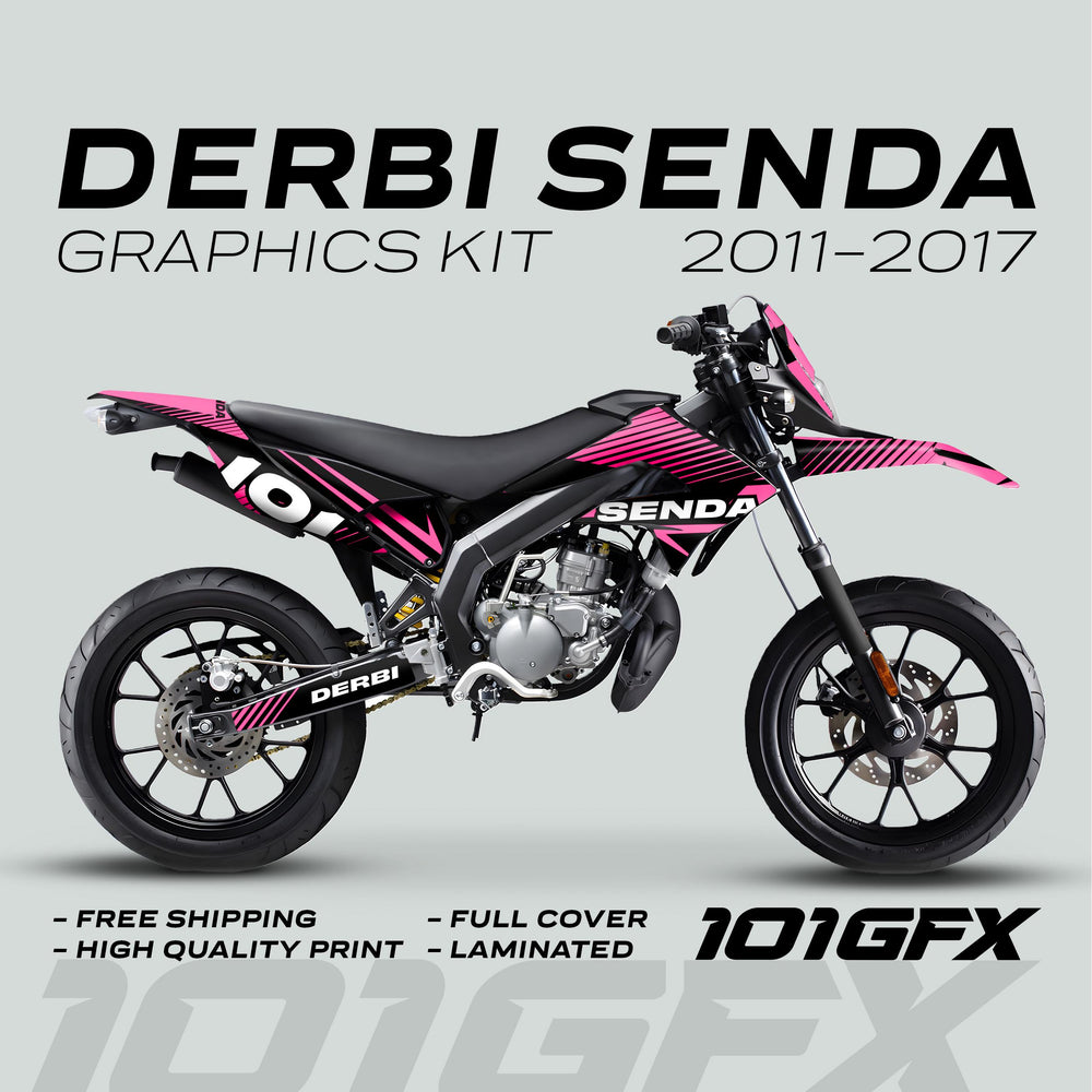 Derbi Senda Graphics Kit X-Treme 2011-2017, featuring a pink-and-black design, free shipping, high-quality, laminated decals for a stylish bike upgrade.