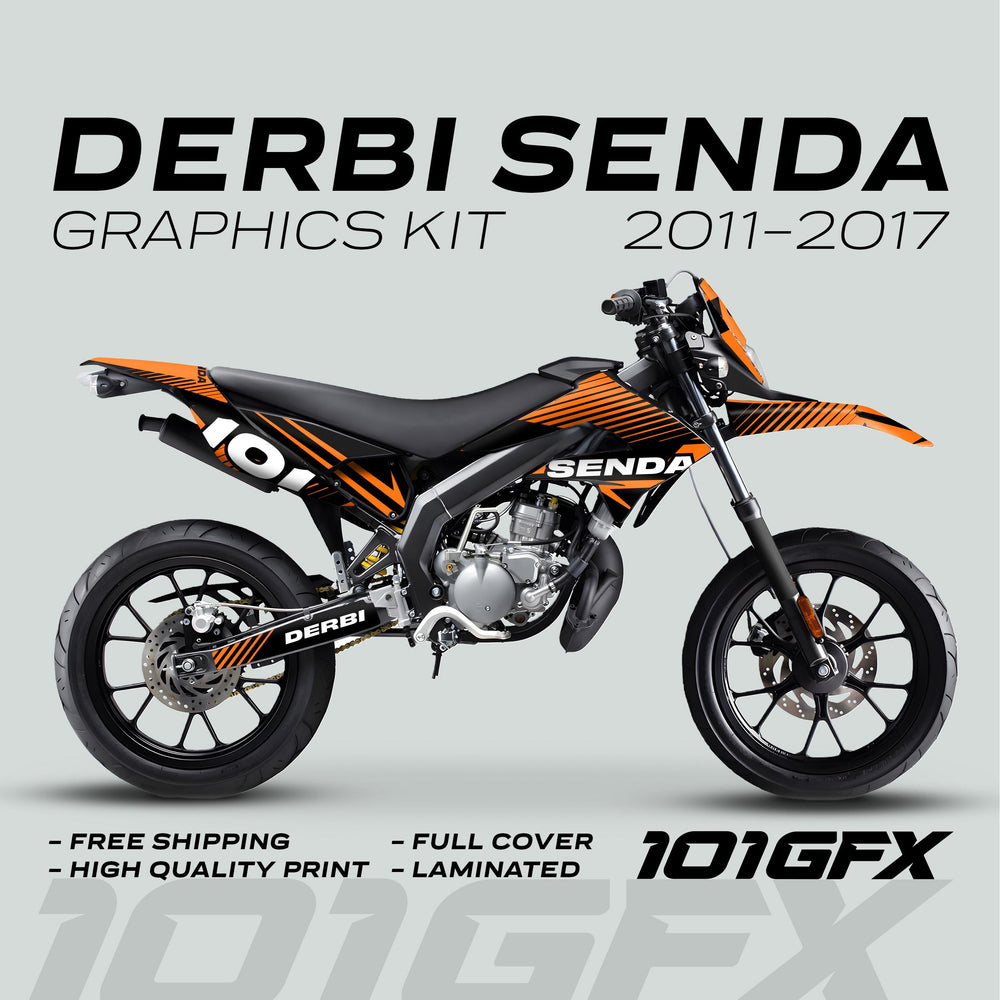 Derbi Senda Graphics Kit X-Treme 2011-2017 LINE SPACE Black Orange on motorcycle, showcasing black-orange decals covering frame, fenders, swingarm; features include free shipping, high-quality print, full cover.