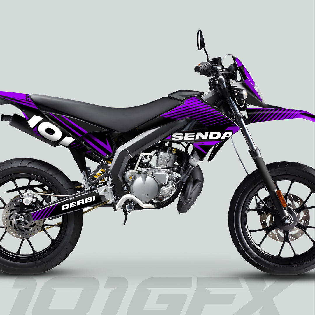 Derbi Senda Graphics Kit X-Treme 2011-2017 features purple and black livery, enhancing the bike's aesthetics with durable decals and easy installation.