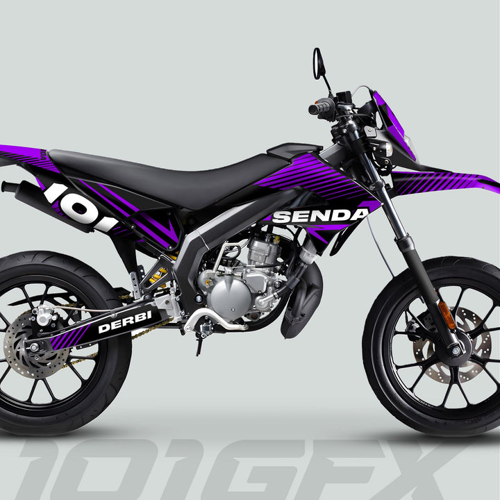 Derbi Senda Graphics Kit X-Treme 2011-2017 features purple and black livery, enhancing the bike's aesthetics with durable decals and easy installation.