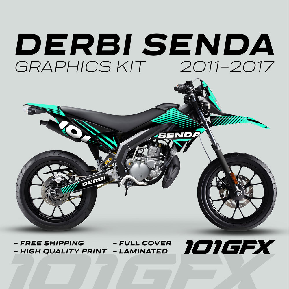 Derbi Senda Graphics Kit X-Treme 2011-2017 LINE SPACE Black Mint displayed on a bike, featuring teal-and-black stripes, highlighting high-quality, full cover, and free shipping benefits.