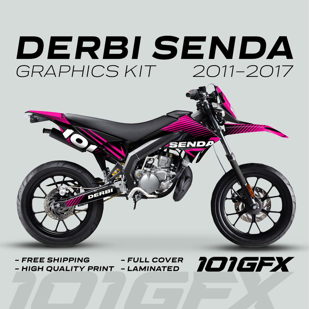 Derbi Senda Graphics Kit X-Treme 2011-2017 LINE SPACE Black Magenta on a Senda bike, featuring bold decals and promotional highlights like FREE SHIPPING and HIGH QUALITY PRINT.