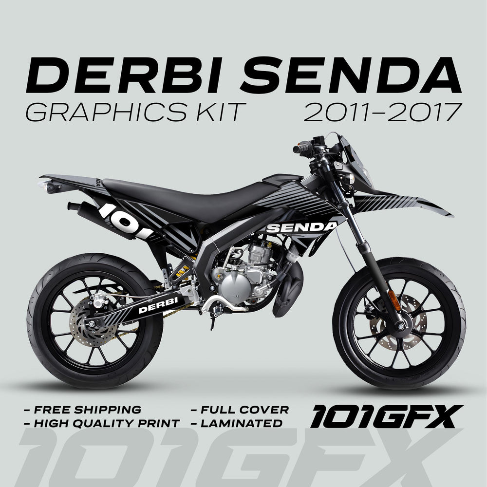 Derbi Senda Graphics Kit X-Treme 2011-2017 LINE SPACE Black Grey displayed on a bike, highlighting bold striped graphics, durability, and key features like free shipping and high-quality print.