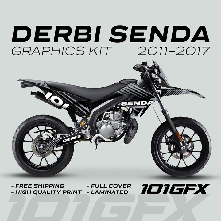 Derbi Senda Graphics Kit X-Treme 2011-2017 LINE SPACE Black Grey displayed on a bike, highlighting bold striped graphics, durability, and key features like free shipping and high-quality print.