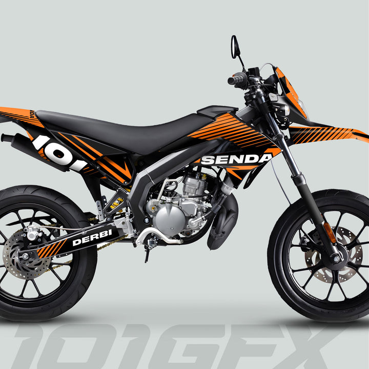 Derbi Senda Graphics Kit X-Treme 2011-2017 on a supermoto bike, showcasing black and orange design with SENDA and DERBI visible on the bodywork.